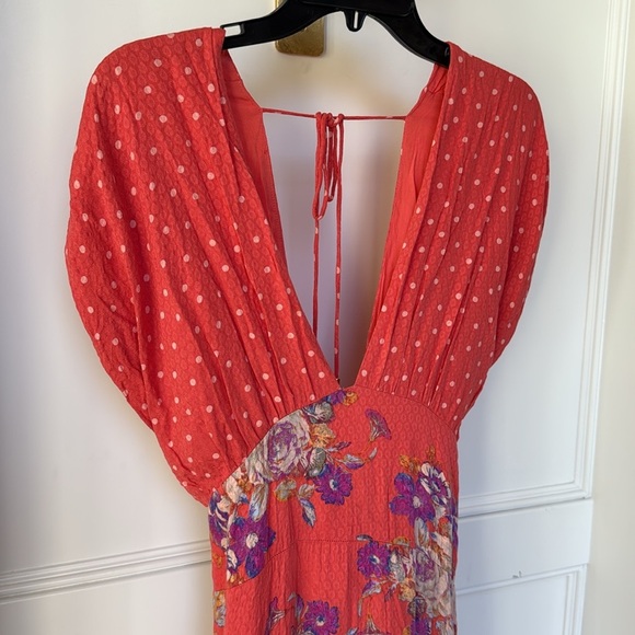 Free People Juniper V Neck Maxi Dress Floral Polka Dot Empire Waist X-LARGE - Picture 3 of 14
